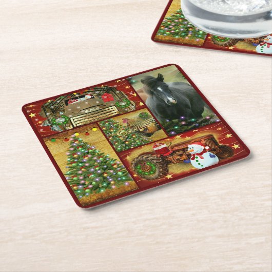 クリスマスホース雪だるまトラックトラクター スクエアペーパーコースター (アングル)