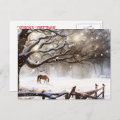クリスマスホース雪深紅色カントリーシーンかわいい シーズンポストカード (正面/裏面)