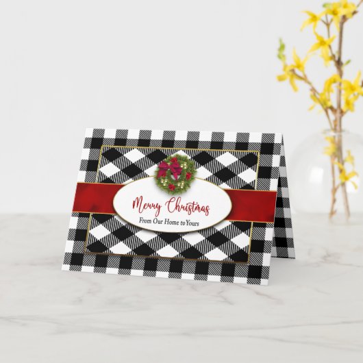 クリスマスホームトゥーユアブラックプレイドリース カード (黄色い花)