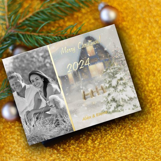 クリスマスホーム冬のモノクロ写真 箔シーズンポストカード