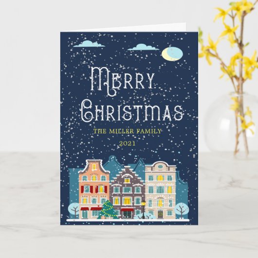 クリスマスホーム雪の夜の休日の写真を折り畳んだ カード (黄色い花)