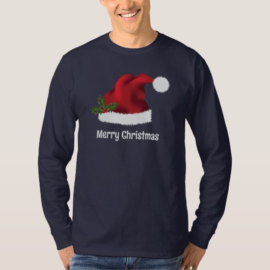 クリスマスホーリーとカスタムテキストの赤いサンタ帽子 Tシャツ (正面)