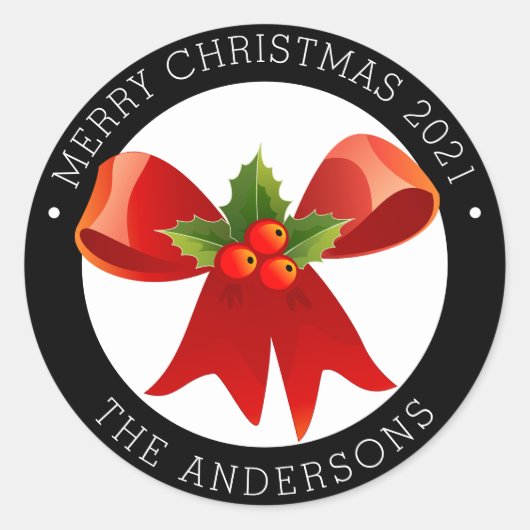 クリスマスボウとホリー差出人住所 ラウンドシール (正面)
