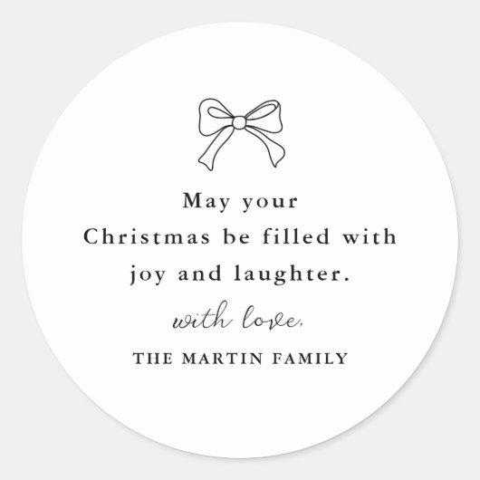 クリスマスボウブラック&ホワイトホリデパーソナライズされたィ ラウンドシール (正面)