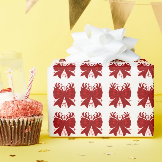 クリスマスボウプレイドパターンレッドメリークリスマス ラッピングペーパー (誕生日パーティー)