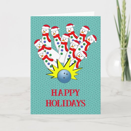 クリスマスボウリングの雪だるま... ストライク！ ホリデーカード (正面)