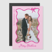 クリスマスボウ波状ピンクのフォトフレーム磁気カード (正面/裏面)