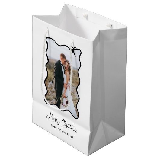 クリスマスボウ | シックな白黒フォトフレーム ミディアムペーパーバッグ (正面アングル)