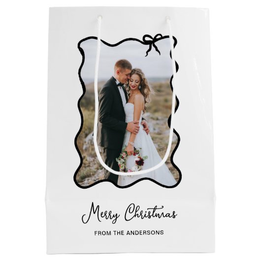 クリスマスボウ | シックな白黒フォトフレーム ミディアムペーパーバッグ (裏面)