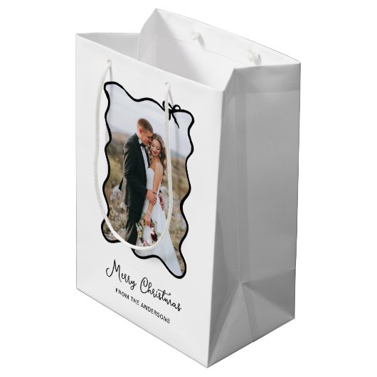 クリスマスボウ | シックな白黒フォトフレーム ミディアムペーパーバッグ (裏面アングル)