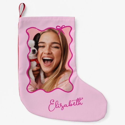 クリスマスボウ | ピンクの波状のフォトフレーム スモールクリスマスストッキング (正面)