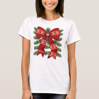 クリスマスボウ レッドニット 雪の結晶デザイン Tシャツ