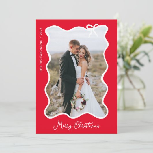 クリスマスボウ | 波状赤と白写真フレーム シーズンカード (スタンド正面)