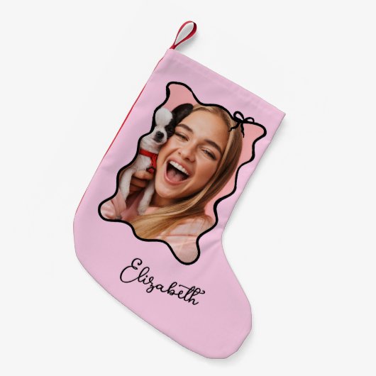 クリスマスボウ | 波状赤面ピンクと黒の写真 スモールクリスマスストッキング (正面 (吊り時))