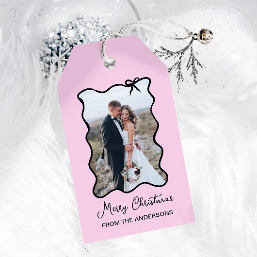 クリスマスボウ | 黒と赤面ピンクのフォトフレーム ギフトタグ