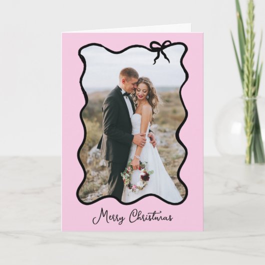 クリスマスボウ | 黒と赤面ピンクのフォトフレーム シーズンカード (正面)