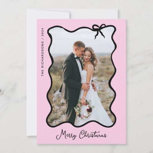 クリスマスボウ | 黒と赤面ピンクのフォトフレーム シーズンカード (正面)