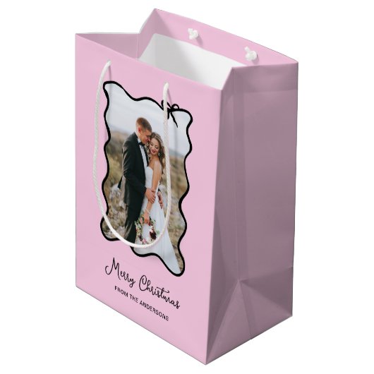 クリスマスボウ | 黒と赤面ピンクのフォトフレーム ミディアムペーパーバッグ (裏面アングル)