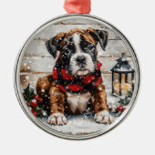 クリスマスボクサーの子犬 メタルオーナメント (正面)
