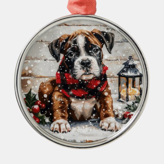 クリスマスボクサーの子犬 メタルオーナメント (正面)