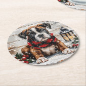 クリスマスボクサーの子犬 ラウンドペーパーコースター (アングル)