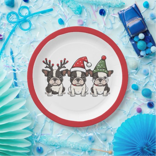 クリスマスボストンテリアドッグ ペーパープレート (パーティー)