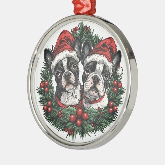クリスマスボストンテリアードッグズホリデーリース メタルオーナメント (左)