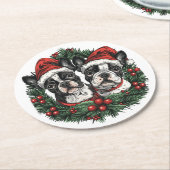 クリスマスボストンテリアードッグズホリデーリース ラウンドペーパーコースター (アングル)