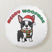 クリスマスボストンテリア枕:メリー Woofmas ラウンドクッション (正面)