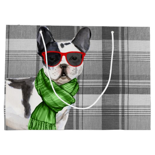 クリスマスボストンテリア犬とプレイド ラージペーパーバッグ (裏面)