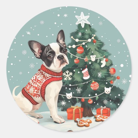 クリスマスボストンテリア犬 ラウンドシール (正面)