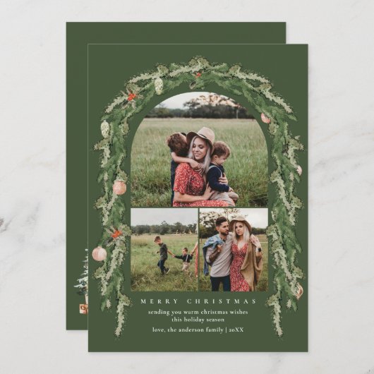 クリスマスボタニカルとフローラの緑のフォトカード シーズンカード (正面/裏面)