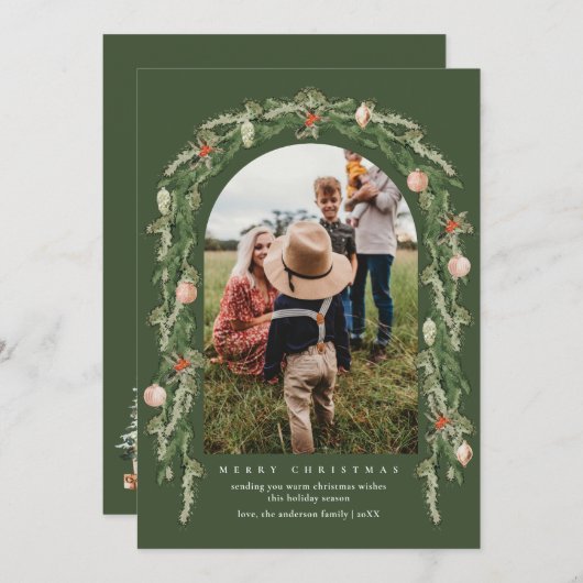 クリスマスボタニカルとフローラの緑のフォトカード シーズンカード (正面/裏面)