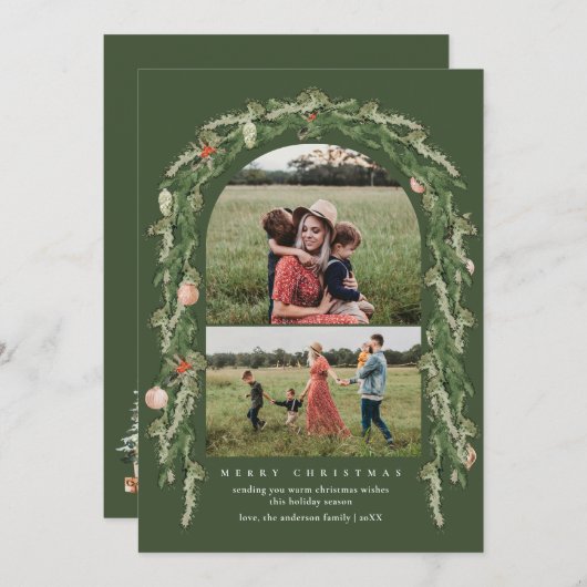 クリスマスボタニカルとフローラの緑のフォトカード シーズンカード (正面/裏面)