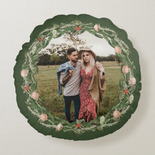 クリスマスボタニカルとフローラの緑の写真 ラウンドクッション (正面)