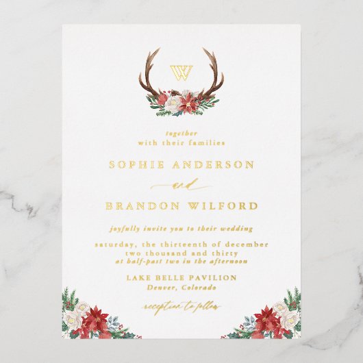 クリスマスボタニカルアントラーリースウィンターウェディング 箔招待状ポストカード (正面)