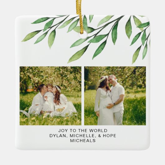 クリスマスボタニカルウォーターの色の家族写真 セラミックオーナメント (正面)