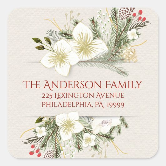 クリスマスボタニカルウォーター差出人住所 スクエアシール (正面)