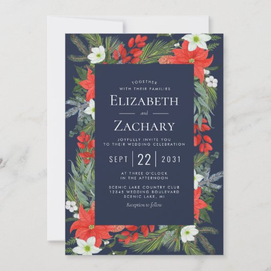 クリスマスボタニカルネイビーブルーウィンターウェディング 招待状 (正面)
