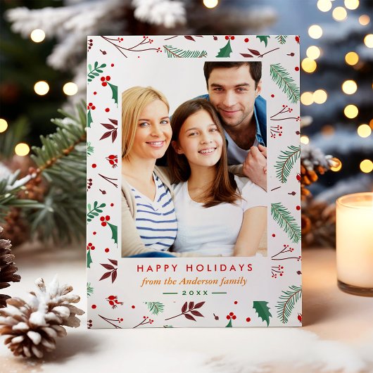 クリスマスボタニカルハッピーホリデーフラットフォト シーズンカード