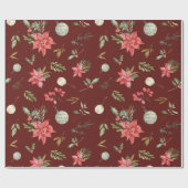 クリスマスボタニカルパターンレッドとゴールデン ラッピングペーパー (フラット)