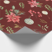 クリスマスボタニカルパターンレッドとゴールデン ラッピングペーパー (角)