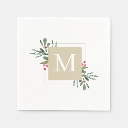 クリスマスボタニカルファミリーイニシャルホリデーパーティー スタンダードカクテルナプキン (正面)