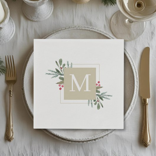 クリスマスボタニカルファミリーイニシャルホリデーパーティー スタンダードカクテルナプキン
