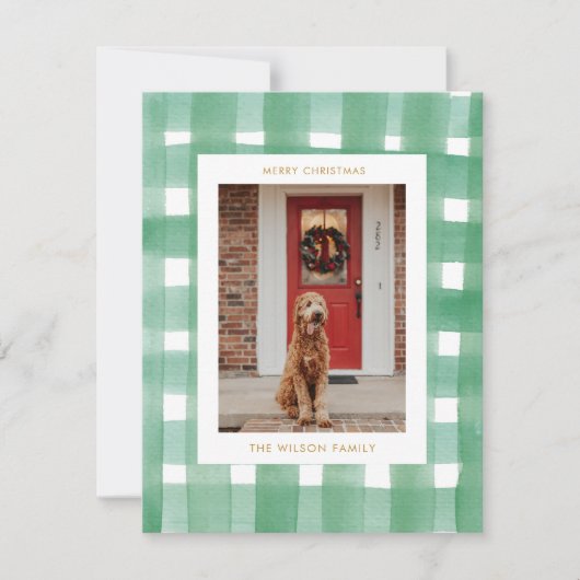 クリスマスボタニカルプレイドファミリーフォトホリデー シーズンカード (正面)