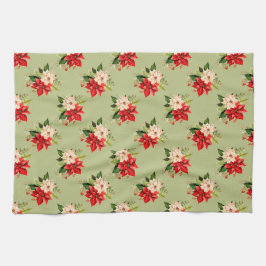 クリスマスボタニカルホリデーポインセチア花 キッチンタオル