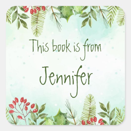 クリスマスボタニカルホリーベリー蔵書票ギフトラベル スクエアシール (正面)