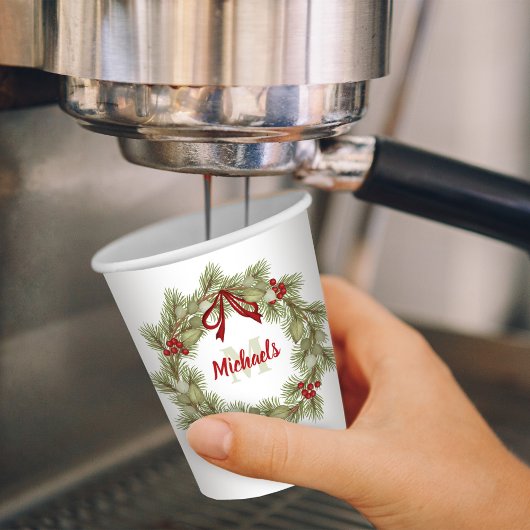 クリスマスボタニカルリースホリーレッドモノグラム 紙コップ