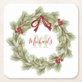 クリスマスボタニカルリースレッドホリーモノグラム スクエアペーパーコースター (正面)