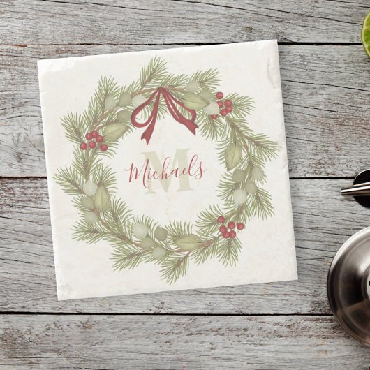 クリスマスボタニカルリースレッドホリーモノグラム ストーンコースター